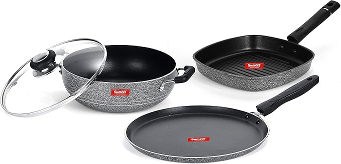 SUMEET NonStick Cawl Cookware Set (Dosa Tawa - 26.5Cm Dia Kadhai with Glass Lid -2Ltr - 22Cm Grill Pan)