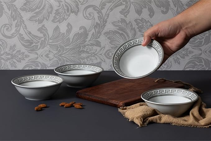 48 Piece Porcelain Dinnerware Sets for 12 – Plates and Bowls – White with Silver Greek Key Design Dish Set for Kitchen Table Everyday Dining or Formal Occasions (Meander Silver)