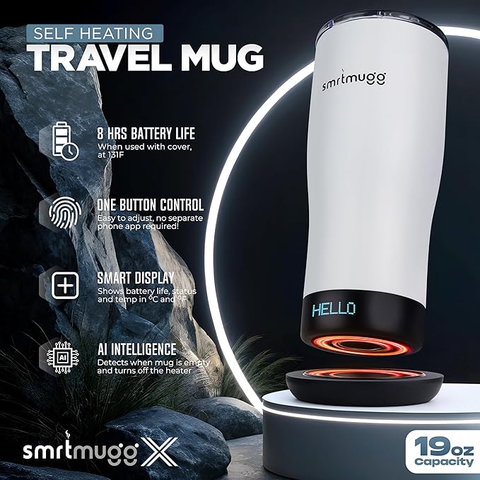 X Heated Coffee Mug 19 oz. 8 Hour Battery Life Self-Heating Adjustable Temp Controlled LCD Screen Includes Cover with Magnetic Slider (Black) (White)