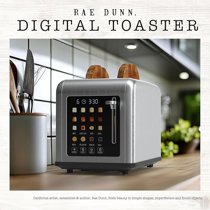 Rae Dunn 2 Slice Smart Toaster Digital Display Wide Slots 8 Browning Levels 6 Bread Types 4 Functions (Defrost Reheat Cancel Add Time) 825W Digital Stainless Steel