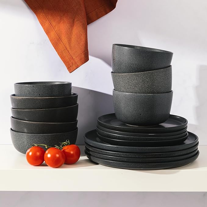 Gibson Elite James Street Stoneware Matte Reactive Double Bowl Dinnerware Set - Truffle Grey Service for 4 (16pcs)