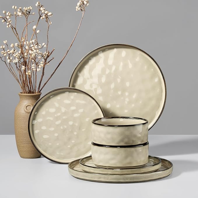 HaWare Dinnerware Sets 6-Piece Plates and Bowls Set Stoneware Dish Set for 2 Ceramic Dinnerware for Home Restaurant Chip and Scratch Resistant Microwave and Dishwasher Safe Saturn Khaki