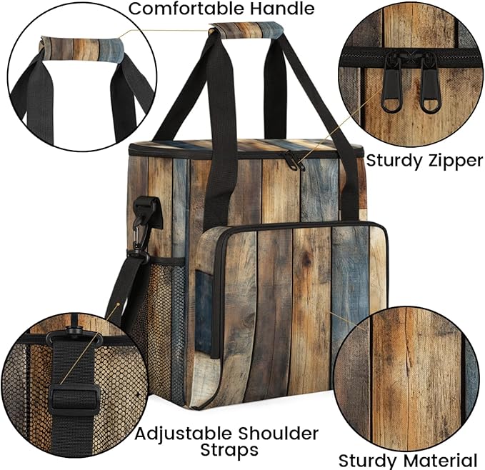 Rustic Wood Pattern Coffee Maker Travel Bag for Keurig K-Mini/K-Mini Plus Insulated Waterproof Tote with Pockets for K-Cup Portable Single-Serve Brewer Case