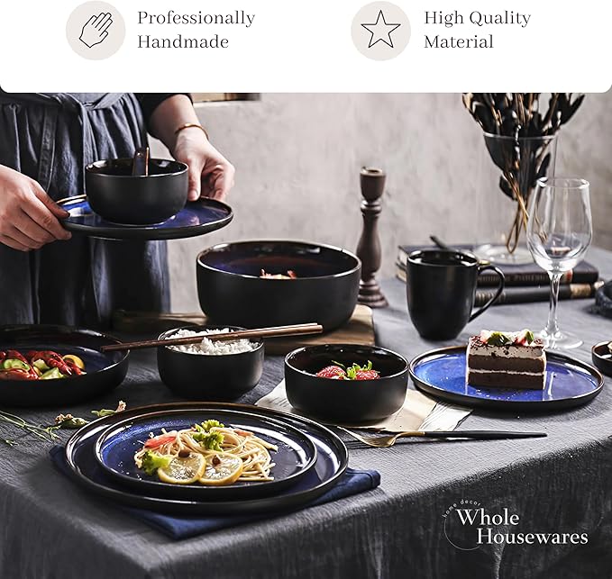 Whole Housewares Ceramic Plates and Bowls Set - Dinnerware Set - Microwave and Dishwasher Safe - 16 Piece Dinner Set - Perfect for Parties Birthdays or Weddings - Blue