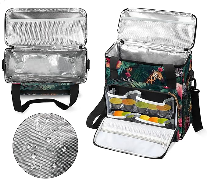 Tropical Animals Coffee Maker Travel Bag Palm Leaves Insulated Grocery Bag Travel Picnic Leakproof Cooler Bags With Shoulder Strap