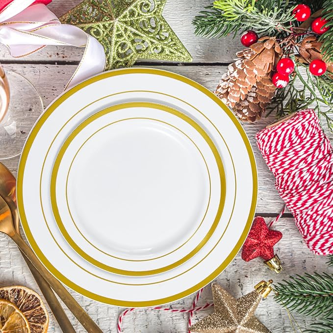 JollyPack 100 Piece Disposable Gold Plastic Party Plates Including 50 10 Inch Dinner Plates and 50 7 Inch for Dessert Great for Parties Weddings Home Use and Thanksgiving