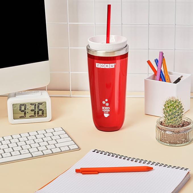 Zoku Instant Iced Coffee Maker Reusable Beverage Chiller Cools Hot Beverages in Minutes Without Dilution Portable 11-ounce Tumbler With Spill-resistant Lid and Straw Red