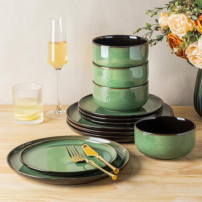 LERATIO Ceramic Dinnerware Sets for 4Porcelain Plates and Bowls SetsHandmade Reactive Glaze Dishes SetOven&ampDishwasher &amp Microwave SafeService for 4