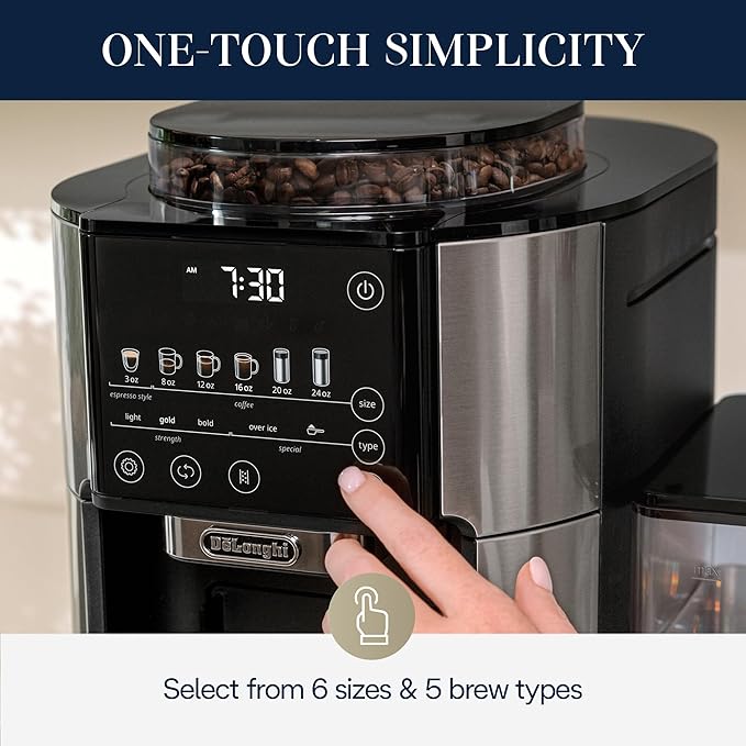 De'Longhi True Brew Drip Coffee Maker Built in Grinder Single Serve 8 oz to 24 oz Hot or Iced Coffee Stainless CAM51025MB