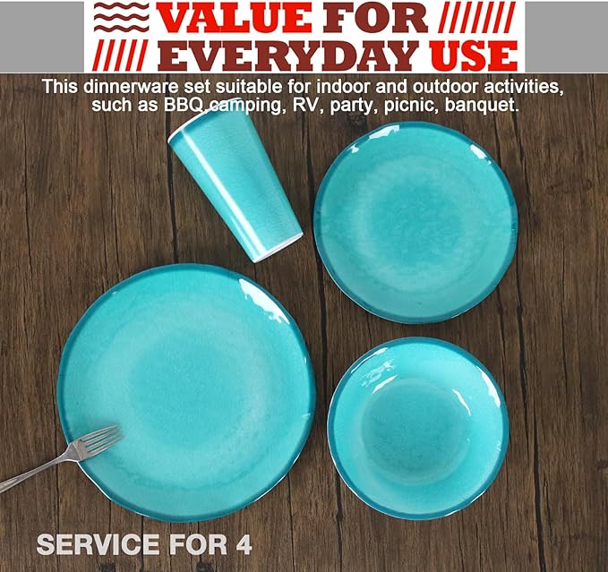 Melamine Dinnerware Set for 4-16 Pcs:Camping Dishes Set with Dinner PlatesSalad PlatesBowls and Cups.Lightweight and Unbreakable.Indoor and Outdoor Use.
