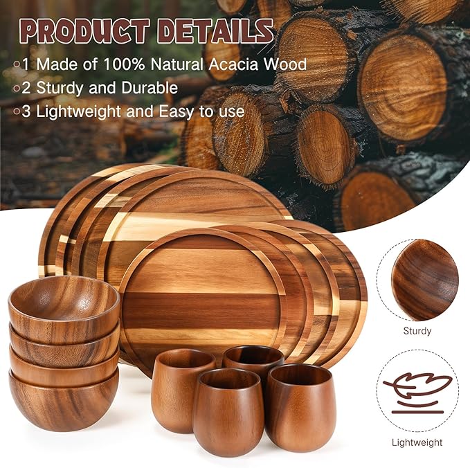Maxdot 16 Pcs Acacia Wood Dinnerware Set Round Wooden PlatesSolid Wooden Bowls and Tea Cups Acacia Wood Tableware Supplies Easy Cleaning &amp Lightweight for Dishes Snack Dessert Set for 4