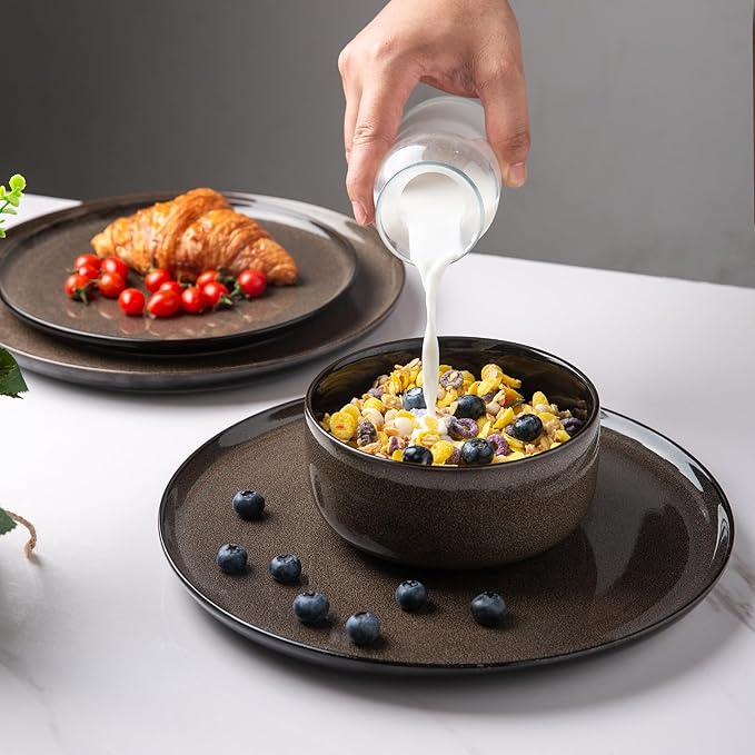 LeRatio Ceramic Dinnerware Sets for 6Poreclain Plates and Bowls SetsHandmade Reactive Glaze Dishes SetChip Resistant and Scratch Resistant | Oven&ampDishwasher &amp Microwave Safe-Chestnut(18PCS)