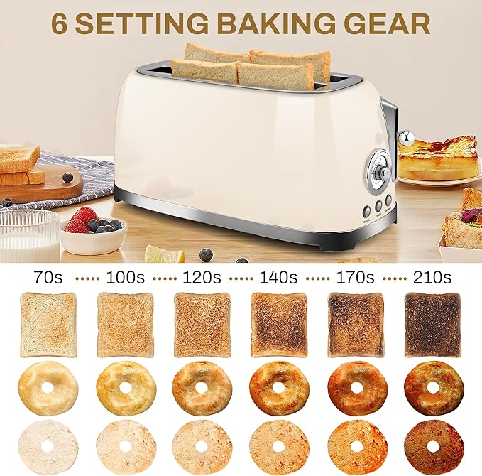 SUSTEAS Toaster 4 Slice Wide Slot Stainless Steel Bread Bagel Toasters Retro Long Slot Tostadora for Defrost Reheat Removable Crumb Tray 1500W 6 Browning Settings Beige