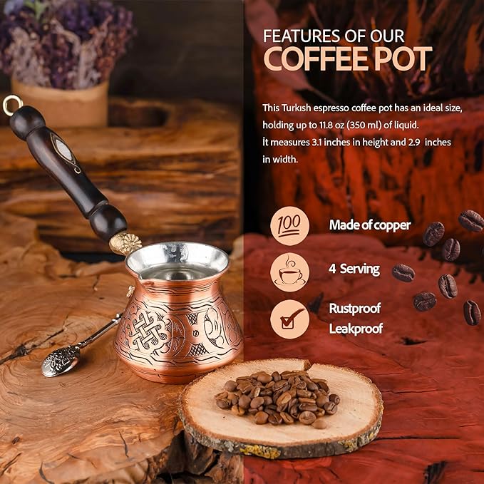 12 Oz Copper Turkish Greek Arabic Coffee Pot with Copper Handle - Cezve Ibrik Briki Stovetop Coffee Maker (Includes Copper Spoon) (4 servings)