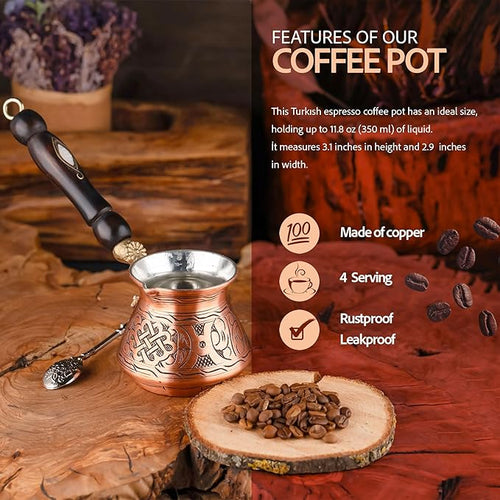 12 Oz Copper Turkish Greek Arabic Coffee Pot with Copper Handle - Cezve Ibrik Briki Stovetop Coffee Maker (Includes Copper Spoon) (4 servings)