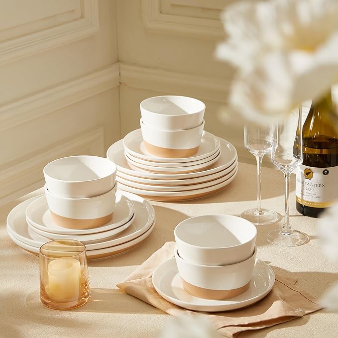 Sweese 18 Pieces Porcelain Dinnerware Set Modern Dish Set for 6 Hand Painted Kitchen Plates and Bowls Sets Scratch Resistant Dishware Sets Dishwasher &amp Microwave &amp Oven Safe Dinner Set Br