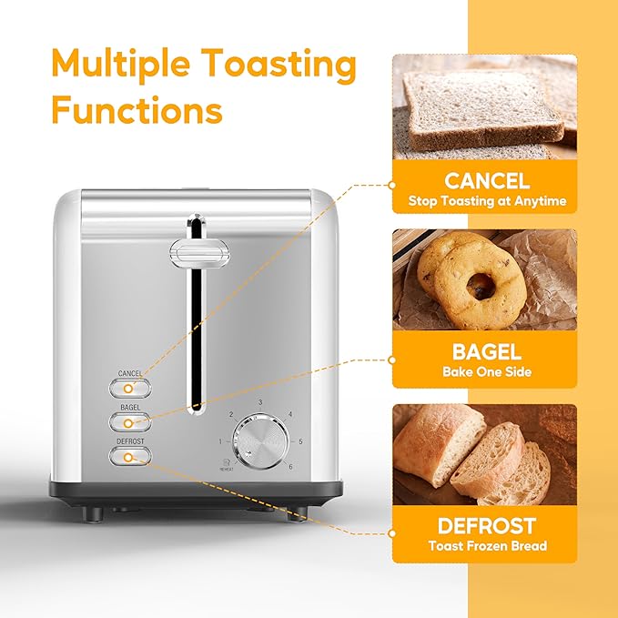 HealSmart 2-Slice Stainless Steel Toaster 6 Browning Setting and 3 Function Toaster Extra Wide Slot &amp Removable Crumb Tray for Bread &amp Waffle White
