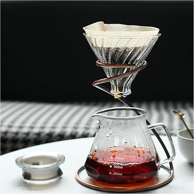 Pour Over Coffee Maker Set20oz/600ml Pour Over Coffee Dripper &amp Glass LidMetal Dripper Stand and 100 Count Paper Coffee Filters4 in 1 Set for Home or Office lucency