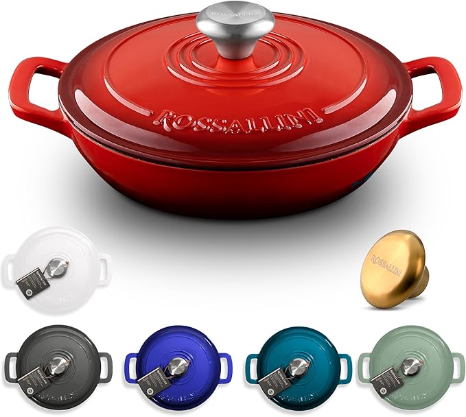 Signature Enameled Cast Iron Braiser Non-Stick Serving Pot with Tight Fitting Lid for Perfect Roasting Baking Sauteing Searing and Pan Frying | 5Q (4.7L) - Red