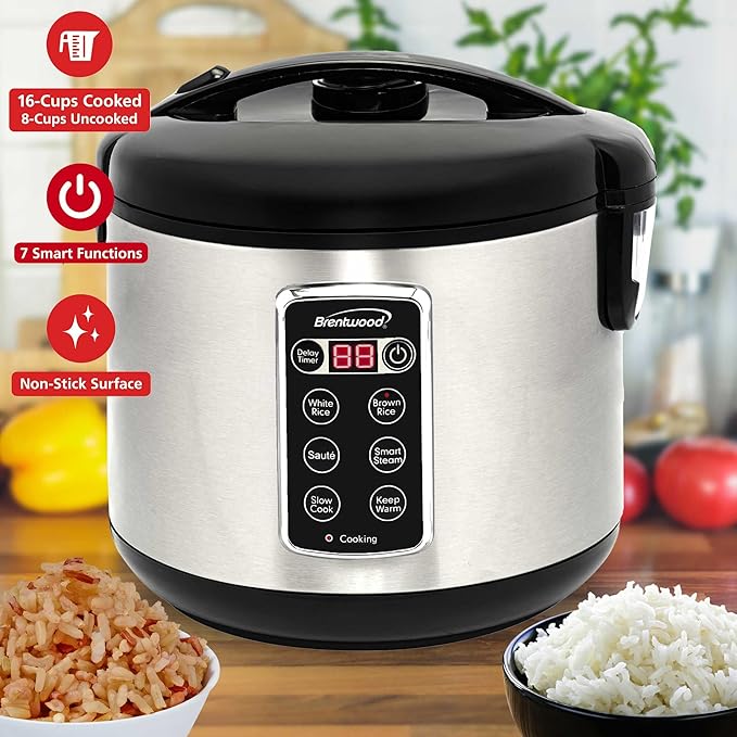 Brentwood 7-Function Smart Rice Multi-Cooker – Food Steamer Slow Cooker Sauté Keep Warm and 15hr Delay Timer with Spatula and Measuring Cup Stainless Steel (16 Cups Cooked / 8 Cups Uncooked)