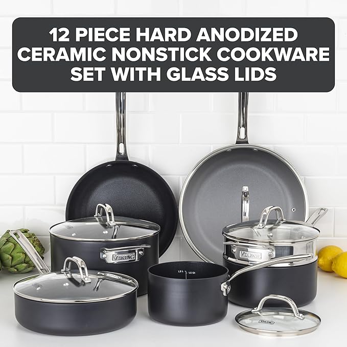 Viking Cookware Set 12 Piece Hard Anodized Ceramic Nonstick Kitchen Cookware with Glass Lids Made without PFAS Oven Safe Induction Ready
