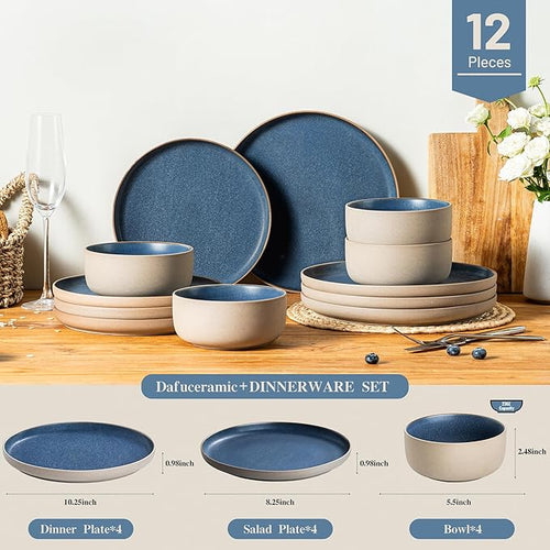 12 Pieces Dinnerware SetsPlates and Bowls SetsHandmade Reactive Glaze Dishes Set for 4 with at Least 10% Recycled Ceramic and the Raw Texture of the Clay (Reactive-Blue)