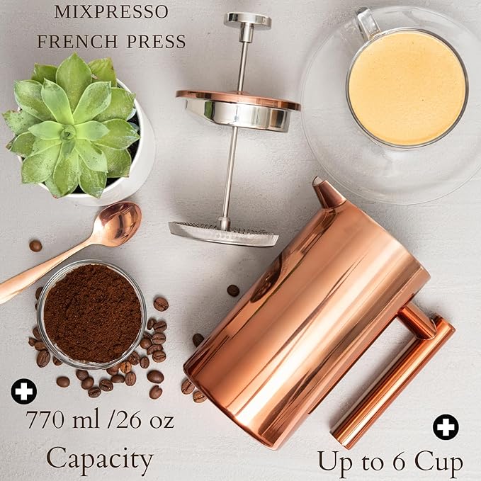 Mixpresso Stainless Steel French Press Coffee Maker 26 Oz 770 ml Double Wall Insulated French Press Stainless Steel Easy Clean Tea Brewer Easy Press Durable Metal Coffee Press