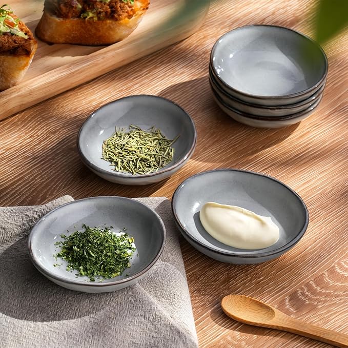 Famiware Ocean Square 12 Pieces Dinnerware Set + 6 Pieces Oval Dipping Bowl Set Microwave and Dishwasher Safe Grey