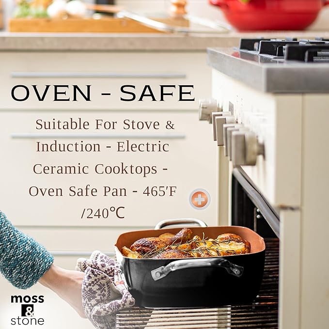 Moss &amp Stone 5 Pcs Black Copper Chef Cookware Non Stick Deep Frying Pan Fry Basket Steamer Rack Dishwasher &amp Oven Safe 5 Qt Deep Square Pan Induction Copper Cookware Set - 9.5 x 3.5