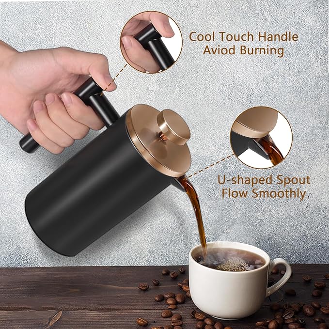 Black Stainless Steel French Press Coffee Maker Double Wall Insulated French Pressfor Coffee&ampTeawith 3 Extra Screens and a Coffee Spoon50oz/1500mlGold
