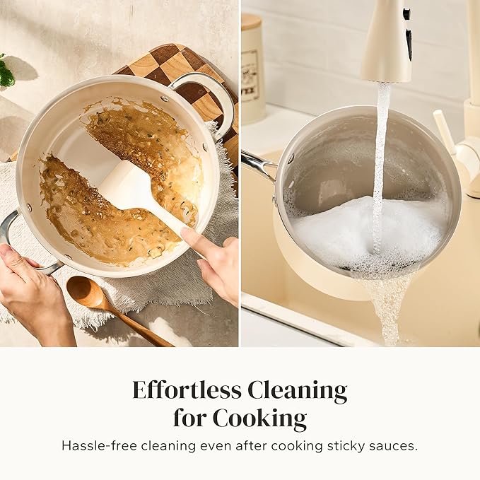 Redchef Cooking Pot Set Induction 5Qt Saucepan Set 2.5/3.5Qt Nonstick Ceramic Cookware Set Compatible All Cooktops Even Heat Stay-Cool Handles Oven/Dishwasher Safe PTFE PFAS Free (Beige)
