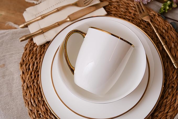 Bone China Dinnerware Set for 4 16 Pc Round Dinner Set with Mugs - Porcelain and Microwave Safe - KOKEN