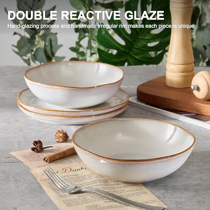 Vesteel Dinnerware Set for 4 12 Pieces Premium Stoneware Plates and Bowls Set Handmade Reactive Glaze Dishes for Home Chip &amp Scratch Resistant Microwave and Dishwasher Safe - Pearl White