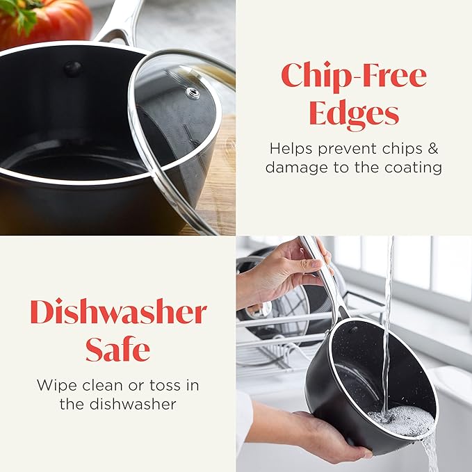 Orfeo 2.4QT Nonstick Saucepan with Lid Made in Italy Diamond Ceramic PFAS-Free Cookware Induction Ready Scratch Resistant Laser-Fused Surface for Durability Dishwasher Safe Black