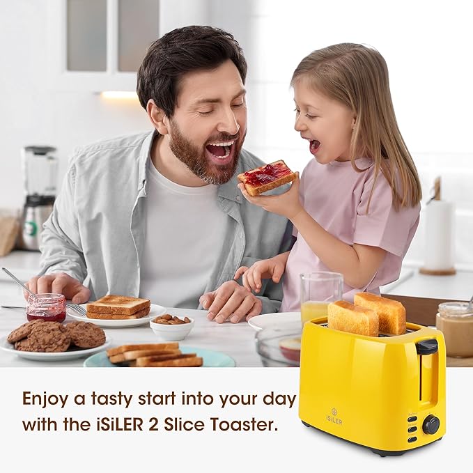 iSiLER 2 Slice Toaster 1.3 Inches Wide Slot for Bagels and Special Breads 7 Browning Settings and Double Side Baking Removable Crumb Tray Defrost Reheat Cancel Function Yellow