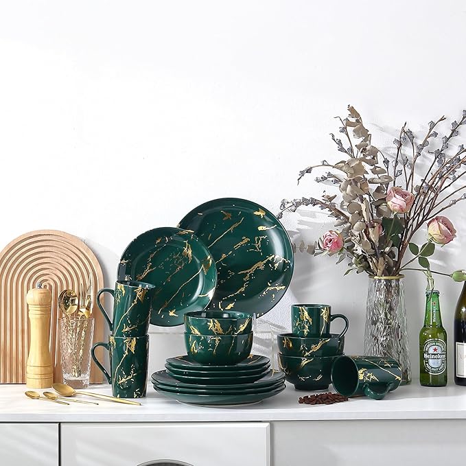 Modern Porcelain 16 Piece Green Dinnerware SetPlates and Bowls SetsGold Dish Set for 4Green Dinnerware SetDinner Sets with Dinner Plates.
