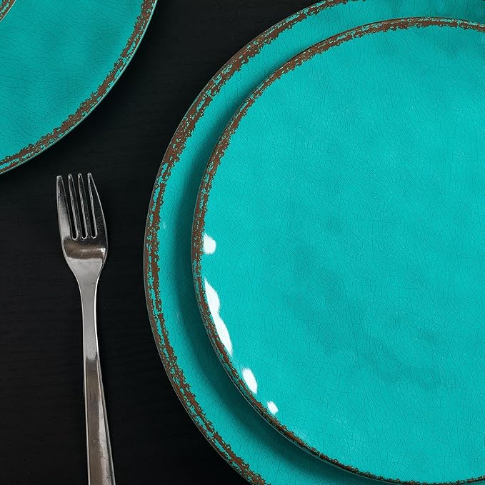 LEHAHA Rustic Melamine Dinnerware Sets 12-piece Dishes Plastic Dinnerware Set for 4 Break-resistant Plates and Bowls Set Outdoor Casual &amp Party Use Kitchen Dishes Set Teal…