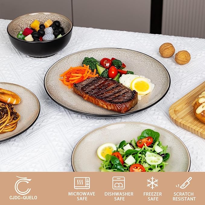 Plates and Bowls Sets for 4 - CJDC-QUELO 12-Piece Stoneware Dinnerware Sets Ceramic Dishware Set for Kitchen Use and Formal Dining Chip and Scratch Resistant Microwave Dishwasher Safe Brown