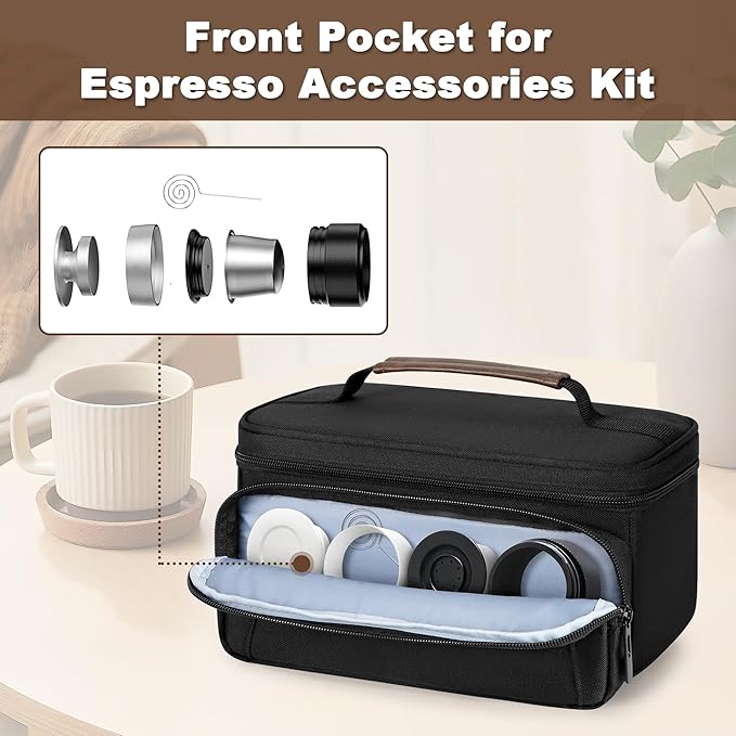 CURMIO Carrying Case Compatible with OutIn Nano Portable Electric Espresso Machine Camping Coffee Maker Travel Bag with Pockets for Capsules and Accessories Black