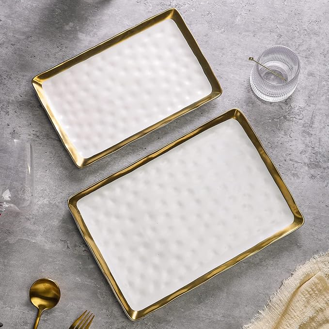 Stone Lain Florian Porcelain Large and Medium Rectangle Service Platters White with Gold Rim