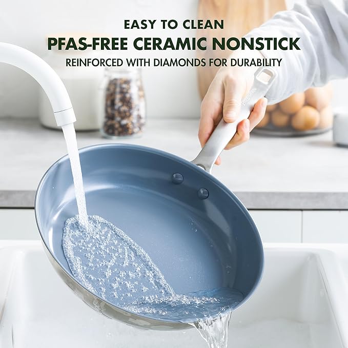GreenPan Treviso 9.5” and 11” Frying Pan skillet Set Non-Toxic PFAS-Free Stainless Steel Ceramic Nonstick Coating Induction Suitable Multi Clad Pouring Rims Dishwasher &amp Oven Safe to 600°