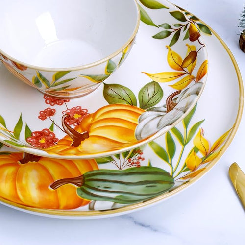 12-Piece Pumpkin Dinnerware Set Porcelain Plates and Bowls for 4 Microwave and Dishwasher Safe Chip Resistant