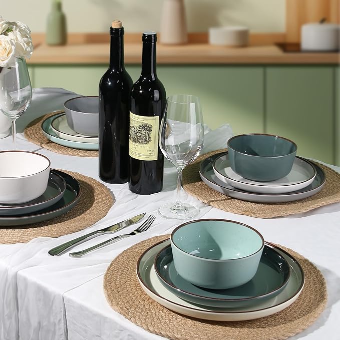 Melamine Dinnerware Sets 12 Piece Unbreakable Plates &amp Bowls Sets Lightweight Shatterproof Durable Dishware for Camping Picnic Party (Dusty Teal)