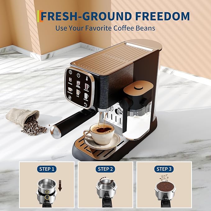 Fully Automatic Coffee Machine 20 Bar Pressure Touchscreen Control Adjustable Temperature Quick Heating Removable Water Tank Milk Frother Stainless Steel for Home Kitchen