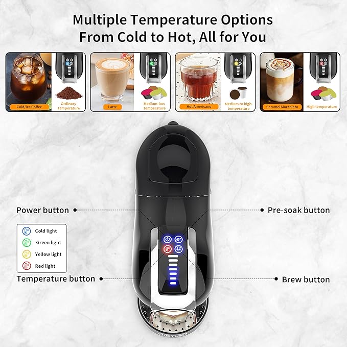 KOTLIE Single Cup Coffee Maker Multi Capsule Machine Compatible With Various Capsule Types 4 Temperature Settings 7 Water Volume Levels19 Bar(Glossy Black)