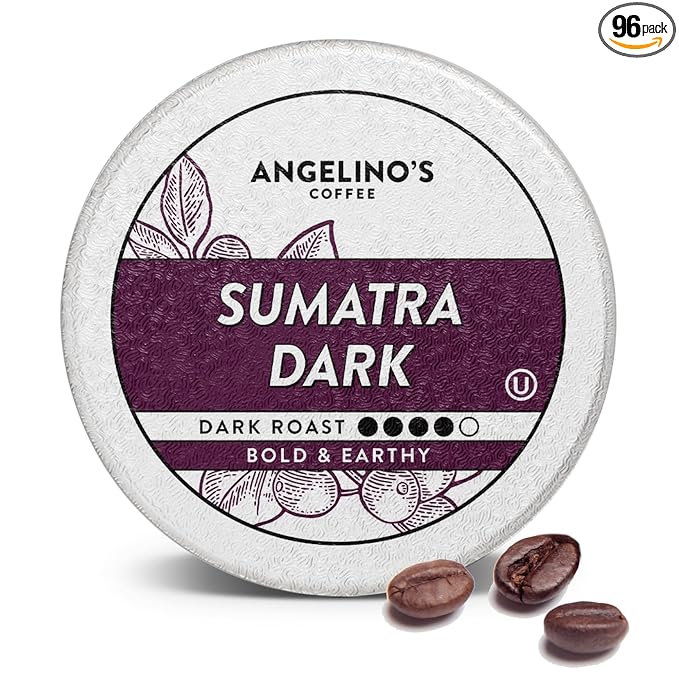 Angelino's Coffee Sumatra Dark Roast - Single Serve Sumatra Coffee Pods for Keurig Coffee Makers - Full-Bodied Earthy Tasting Notes - Small Batch Roasted Recyclable Pods Compatible with K-Cup Brewer