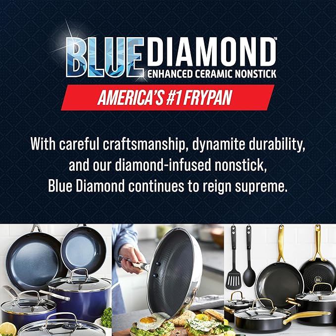 Blue Diamond Hybrid Nonstick Stainless Steel 16 Piece Cookware Set Tri-Ply PFAS-Free Ceramic Diamond Bond Pots &amp Pans Dishwasher &amp Oven Safe to 850F Induction Ready Metal Utensil Safe Sil