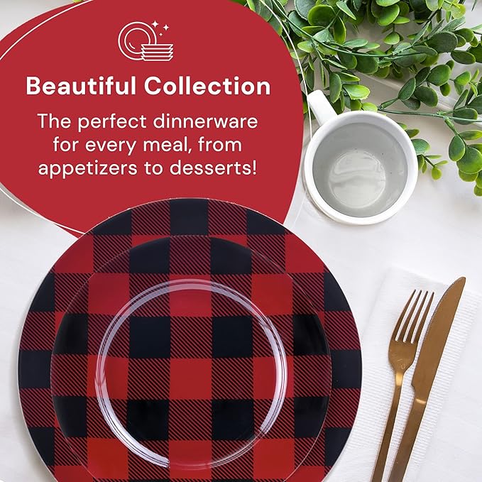 Safdie &amp Co. 16-Piece Red Black Plaid Dinnerware Set Porcelain Includes Bowls Plates and Mugs Dishwasher Safe
