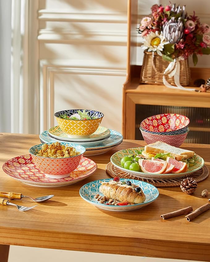 Ceramic Dinnerware Sets for 4 12 Pieces Plates and Bowls Set with Vibrant Color Stoneware Dishes Set Dishwasher &amp Microwave Safe