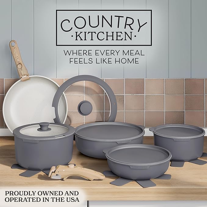 Country Kitchen Cookware Set with Removable Handle Oven &amp RV Safe Pots and Pans Set Grey/Ivory Wood Handle Original